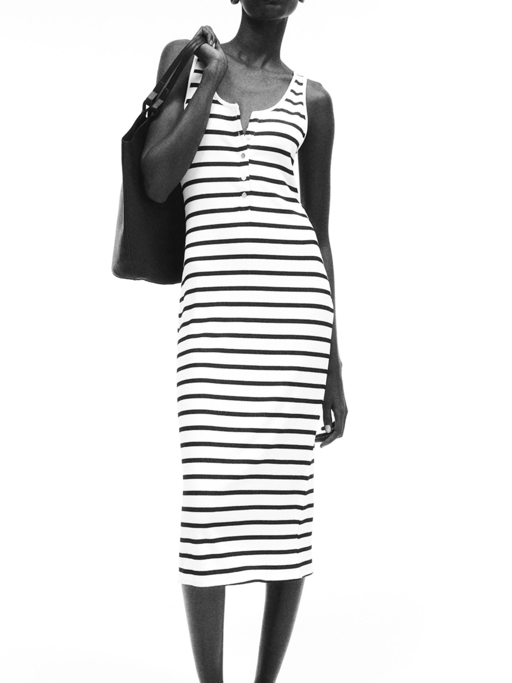 H&M Black and White Striped Sleeveless Maxi Henley Dress